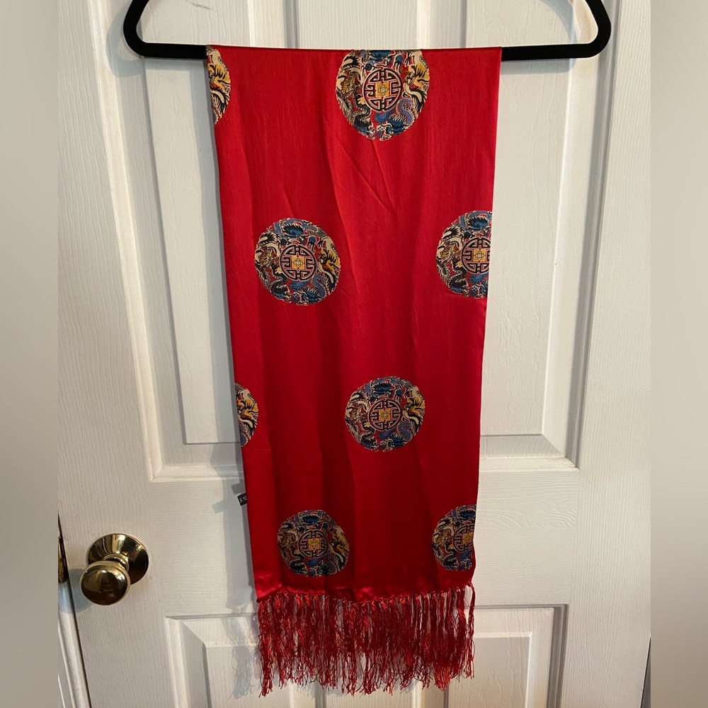 Chinese Imperial Dragon Medallion Red Silk Fringed Scarf